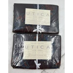 Vintage Utica King Sheet Blue Floral Flat Fitted SET New Emperors Song Asian